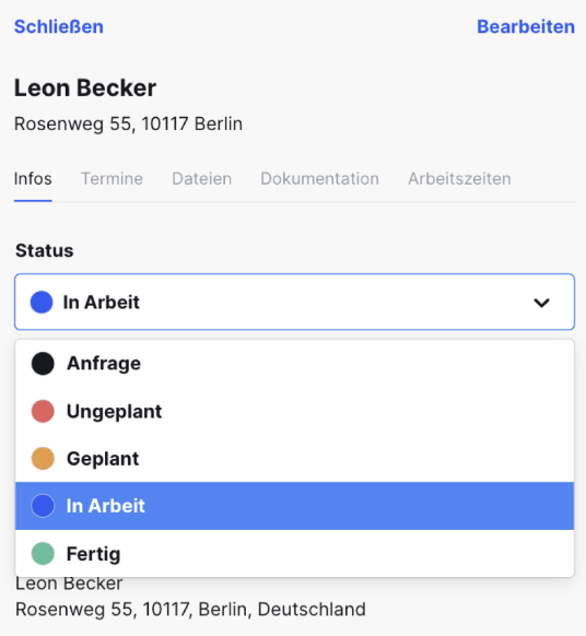 Meisterwerk-Auftrag mit eigenen Status: Anfrage, Ungeplant, Geplant, In Arbeit, Fertig