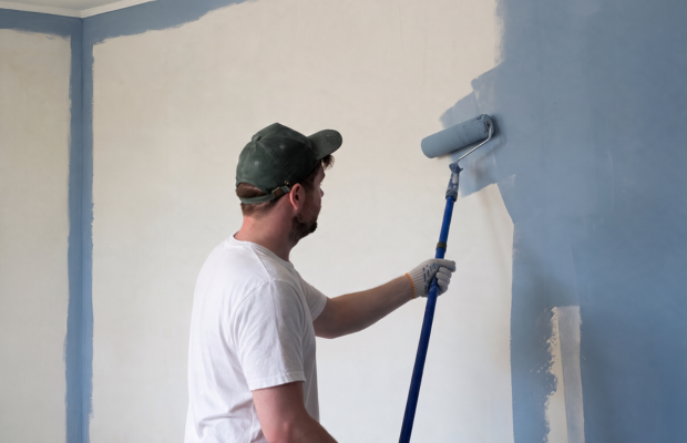 Hausmeister beim Streichen einer Wand.