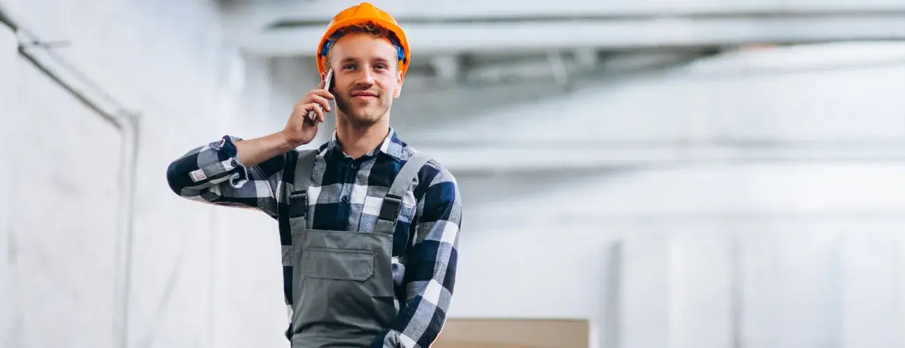 Handwerker:in am Handy, im Kundengespräch
